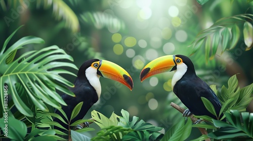 Couple of toucan bird and leaves of tropical plants on blurred background. Generative Ai photo