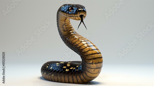 3D rendering of a realistic snake with black and yellow scales. The snake is coiled and ready to strike. photo