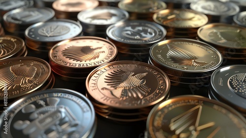 A close-up image of a stack of various shiny gold  silver  and bronze coins with an eagle design. The coins are scattered on a black surface.