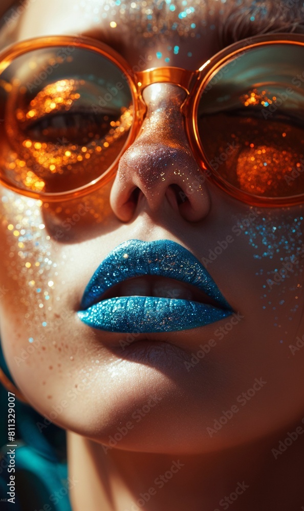 Face of a woman with lipgloss and sunglasses.. Face of a woman with lipgloss and sunglasses..