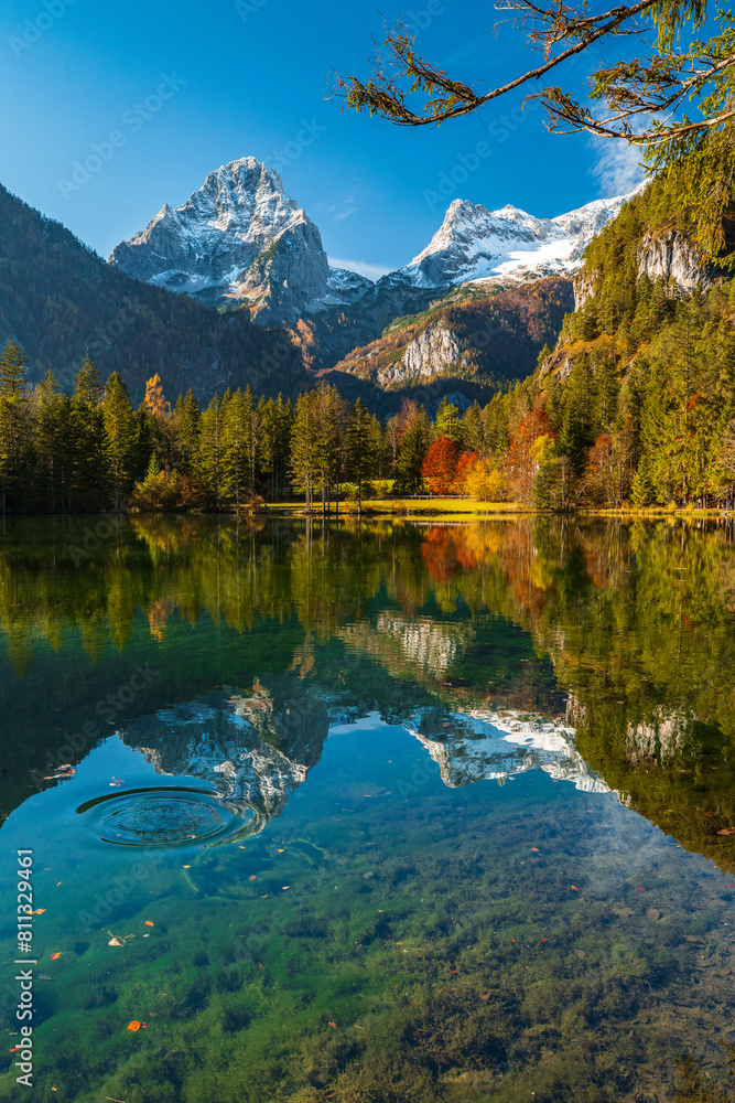 Serene Autumn Morning at Schiederweiher, Upper Austria with Vibrant Foliage and Mountain Reflections