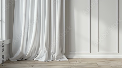 Elegant white curtain with wooden wall background. The curtain is made of a soft, flowing fabric and is gathered in folds at the top.