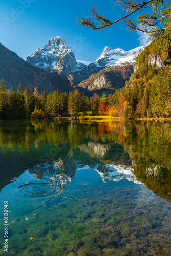 Serene Autumn Morning at Schiederweiher, Upper Austria with Vibrant Foliage and Mountain Reflections