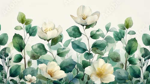 A delicate composition of plants and flowers with watercolor leaves, flowers, and herbs. Mural. photo