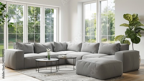 A large gray couch with a coffee table in the middle of it