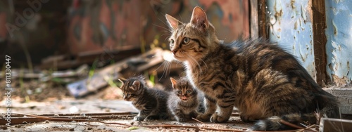 a cat with kittens on the background of an old house. Selective focus