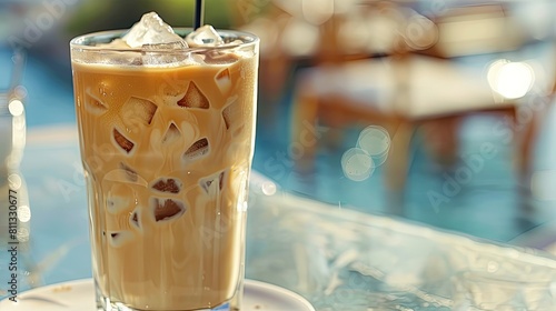 a glass with coffee and ice on the table. Selective focus