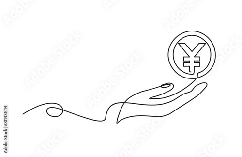 Hand holding coin continuous one line drawing art. Chine Yen linear symbol. Savings money concept. Vector isolated on white.