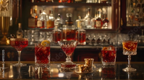A collection of Negroni and Martini cocktails arranged on a polished counter, surrounded by ornate barware in a luxurious, exclusive bar setting
