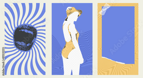 Contemporary Scrapbooking Posters With Summer Bitmap Elements. Trendy halftone collage with torn paper sheets for text. Dotted magazine clippings. Woman and mouth.