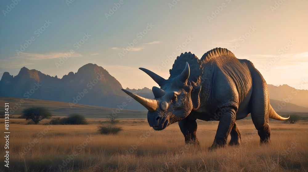 Fototapeta premium Triceraptos, one of the most famous dinosaurs, this dinosaur usually eats plants and is not a predator, with a very beautiful appearance and a strong body.