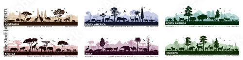Set of European, Asian, Australean, African and  Amarican panoramas with silhouettes of wild animals. Vector illustration.   © Евгений Горячев