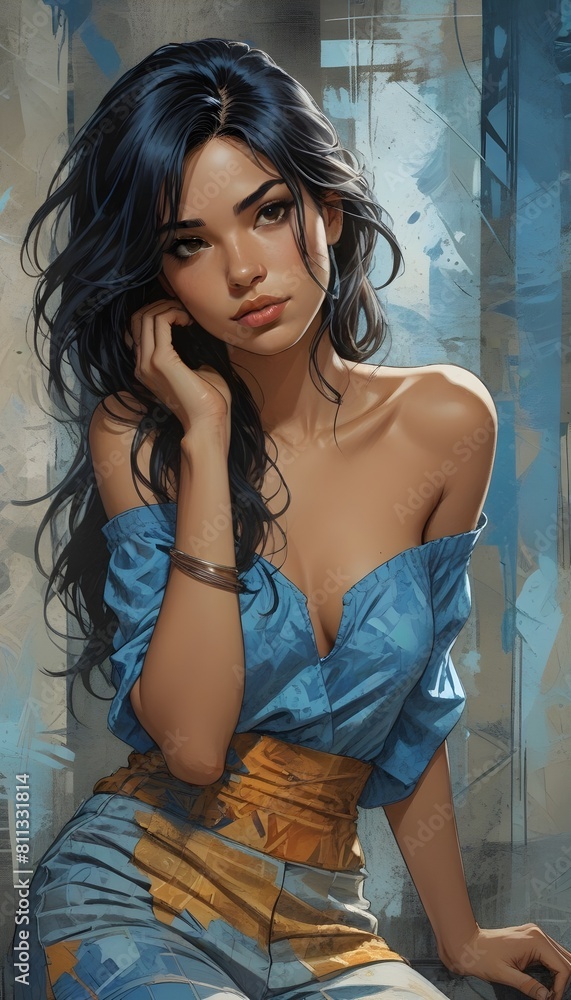 Naklejka premium A portrait of beautiful sexy brunette in a painting.