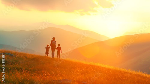 Golden Trail, Mother and Child Enjoying a Sunset Hike Through Picturesque Mountain Paths