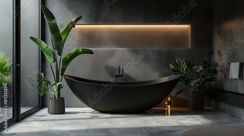 A large black bathtub sits in the center of a dark and moody bathroom. The walls are a deep grey and the floor is a dark marble. photo