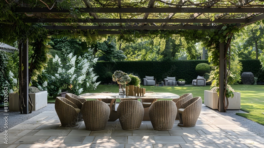 A contemporary dining set with curved wicker chairs and a marble table, placed under a pergola adorned with cascading vines in a serene, well-landscaped garden
