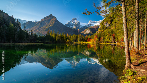 Serene Autumn Morning at Schiederweiher, Upper Austria with Vibrant Foliage and Mountain Reflections