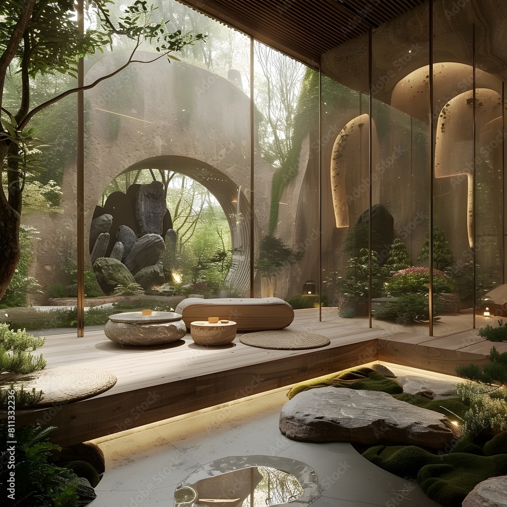 Interior design, spa, relaxation, natural materials from wood, touch of nature with trees.