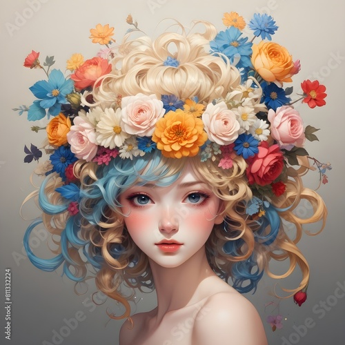 Portrait of a blonde woman with flowers on her head..