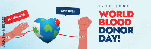 World Blood donor day 2024. 14th June world blood donor day celebration cover banner, post with blood transfusing from one hand to another hand through earth globe. Saving lives by donating blood. 