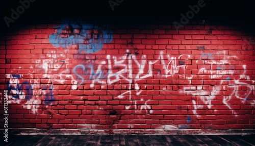 Red brick wall with graffiti. Beautiful street art. Abstract creative drawing. Urban Contemporary