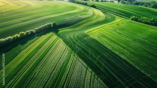 Aerial view of vibrant green agricultural fields and beautiful natural landscape from above