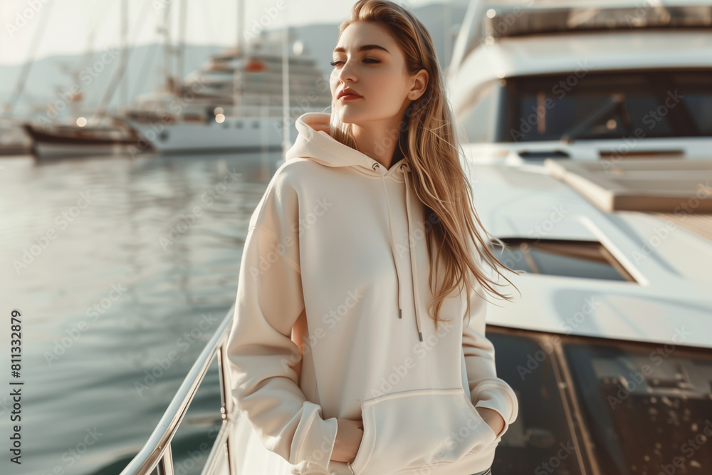 Fototapeta premium Against the background of a yacht, a young woman looks beautiful in an oversize ivory sweatshirt. Her stylish outfit, devoid of prints or decorations, is perfect as a template for clothing projects