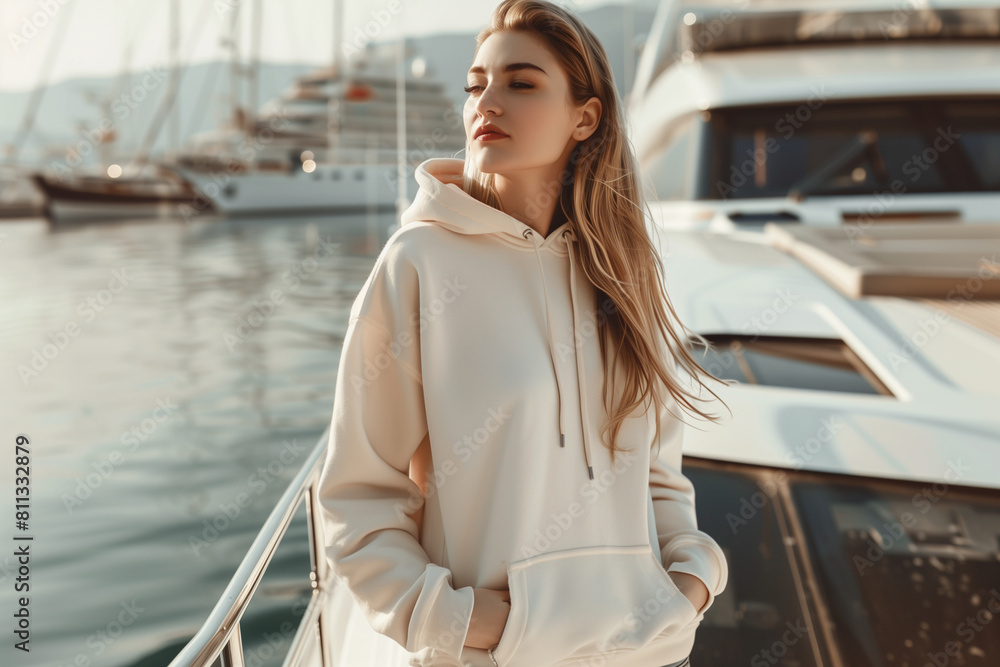 Against the background of a yacht, a young woman looks beautiful in an oversize ivory sweatshirt. Her stylish outfit, devoid of prints or decorations, is perfect as a template for clothing projects