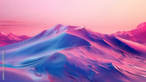 This is a beautiful landscape image of a mountain range at sunset. The colors are vibrant and saturated, and the peaks are capped with snow. photo