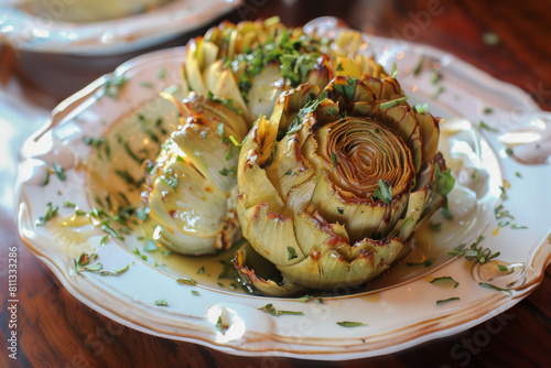 Cooked French Artichoke on a white plate 