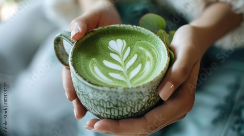 a cup of matcha in his hands. Selective focus photo
