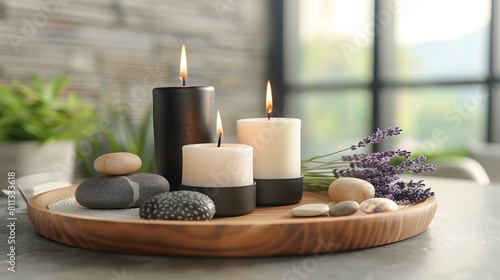 A contemporary, organic design with hyacinth-scented luxury candles placed on a wooden spa tray with stones and lavender sprigs. Shot in 8K