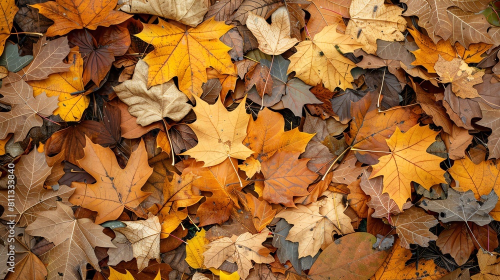 A carpet of fallen leaves in the autumn forest. The leaves are in various shades of yellow, orange, and brown.