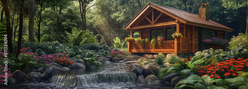 Kleines Holzhaus in märchenhafter Umgebung im Wald mit kleinem Bach photo