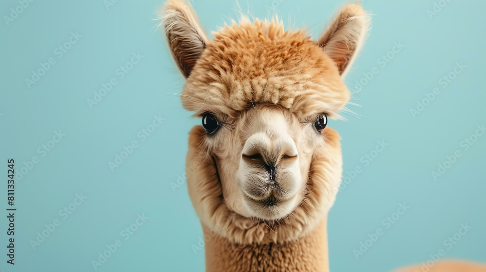 **A close-up of an alpaca's face. The alpaca is looking at the camera with a curious expression.