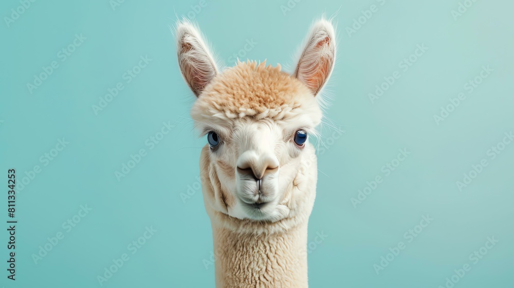 A close-up portrait of an alpaca with blue eyes. The blue-eyed alpaca is looking at the camera with a curious expression on its face.