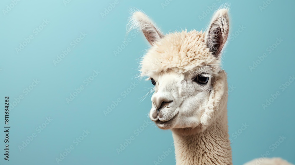 A close-up portrait of a llama. The llama is looking at the camera with a calm expression. Its fur is white and fluffy. The background is a pale blue.