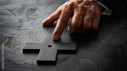 A hand pointing at a cross on a black surface