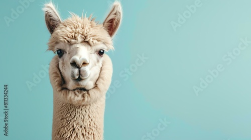 A close-up of a llama looking at the camera with a solid blue background. The llama is white and has a fluffy coat. photo