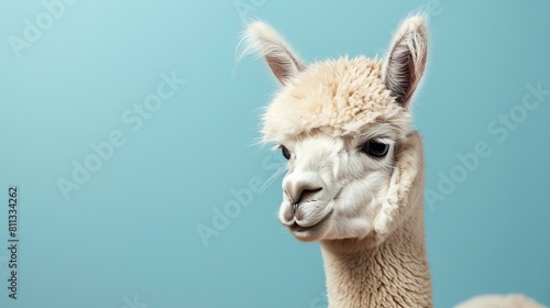 A close-up portrait of a llama. The llama is looking at the camera with a calm expression. Its fur is white and fluffy. The background is a pale blue. photo