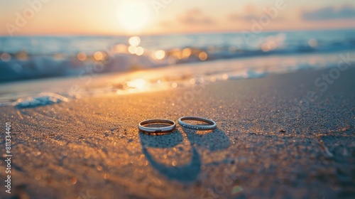 wedding rings on the ocean shore. Selective focus