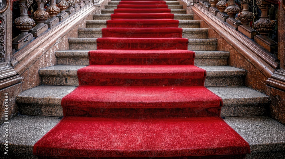 a scarlet carpet cascades down the stairs, adorned with a sleek silver handrail, leading guests to the entrance of a prestigious luxury hotel or theater. a scarlet carpet cascades down the stairs, adorned with a sleek silver handrail, leading guests to the entrance of a prestigious luxury hotel or theater.
