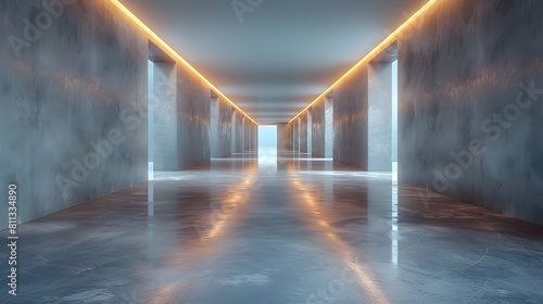 Futuristic Ambiance: Sleek Hallway with Soft Lighting and Polished Floors