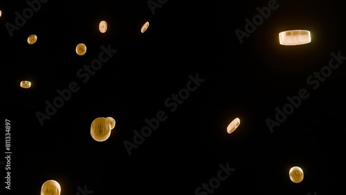 Falling glossy dollar coins, with dark dollar sign. Transparent background photo