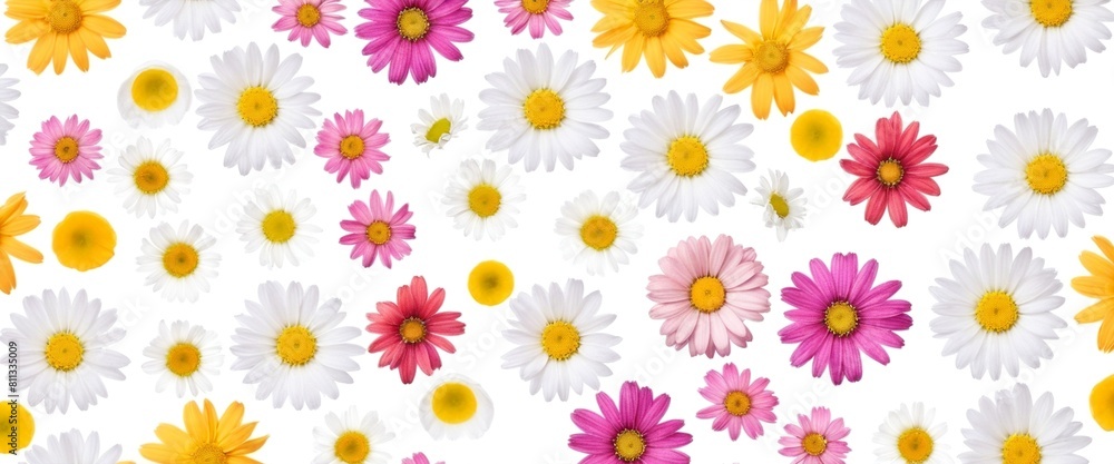 Chamomile flowers collection on white. Set of colorful Chamomile or Daisy flowers background, top view. Floral pattern. Chamomile flowers collection on white. Set of colorful Chamomile or Daisy flowers background, top view. Floral pattern.