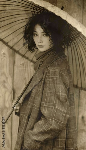 Woman With Umbrella Standing in Front of Wall