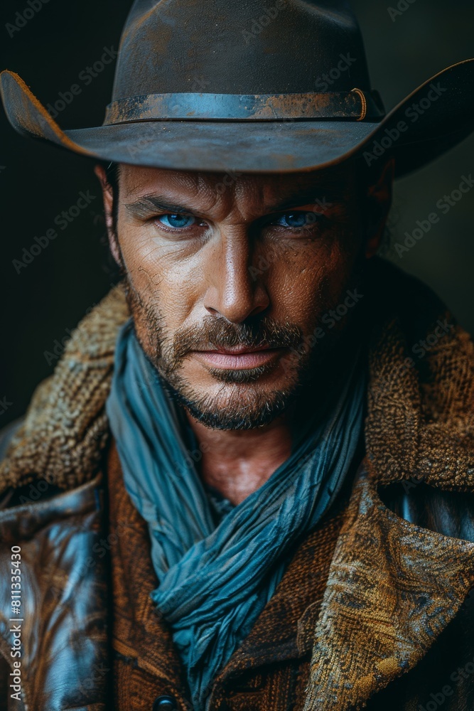 A man in a cowboy hat and jacket with his eyes closed, AI A man in a cowboy hat and jacket with his eyes closed, AI