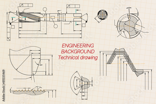 Mechanical engineering drawings on sepia background. Tap tools, borer. Technical Design. Cover. Blueprint. Vector illustration.