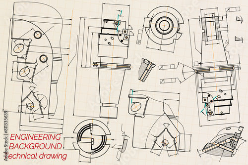 Mechanical engineering drawings on sepia background. Tap tools, borer. Technical Design. Cover. Blueprint. Vector illustration.