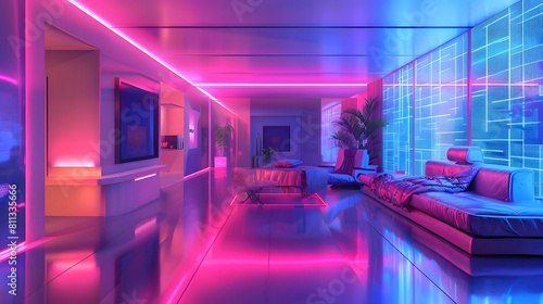 Futuristic interior room with high technology and luxury style  cyber living room with neon light and reflection.